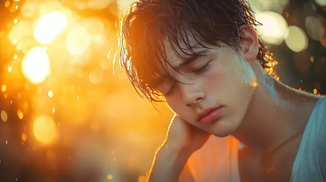 Young person with wet hair and eyes closed rests a hand on their neck as golden light and water droplets fall.