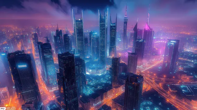 Neon-lit cyberpunk skyscraper skyline at dusk with blue-purple haze and glowing traffic streaks.