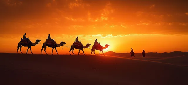 Five camel silhouettes with riders cross desert dunes under a glowing orange sunset sky.