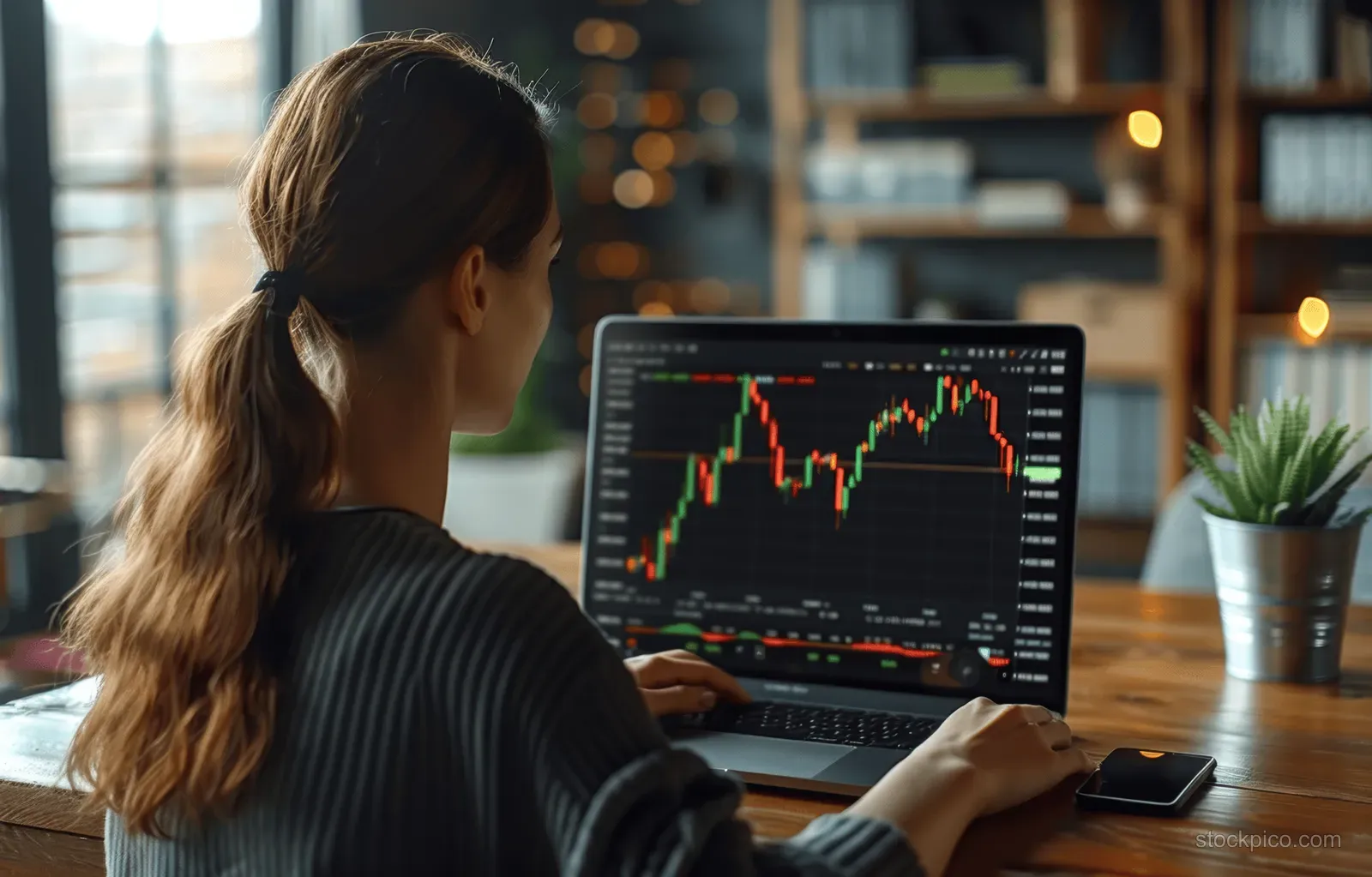 Woman at a desk uses a laptop to view stock and cryptocurrency candlestick charts while holding a phone.