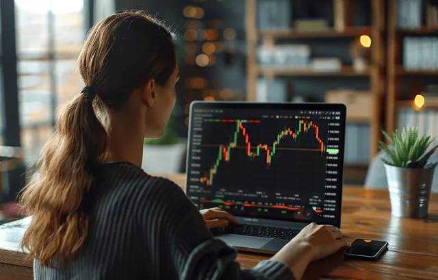 Woman at a desk uses a laptop to view stock and cryptocurrency candlestick charts while holding a phone.