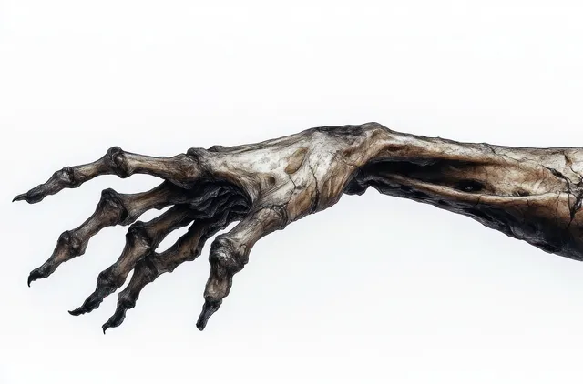 A twisted skeletal hand with elongated fingers stretches across a plain white background, showing detailed weathered bone texture.