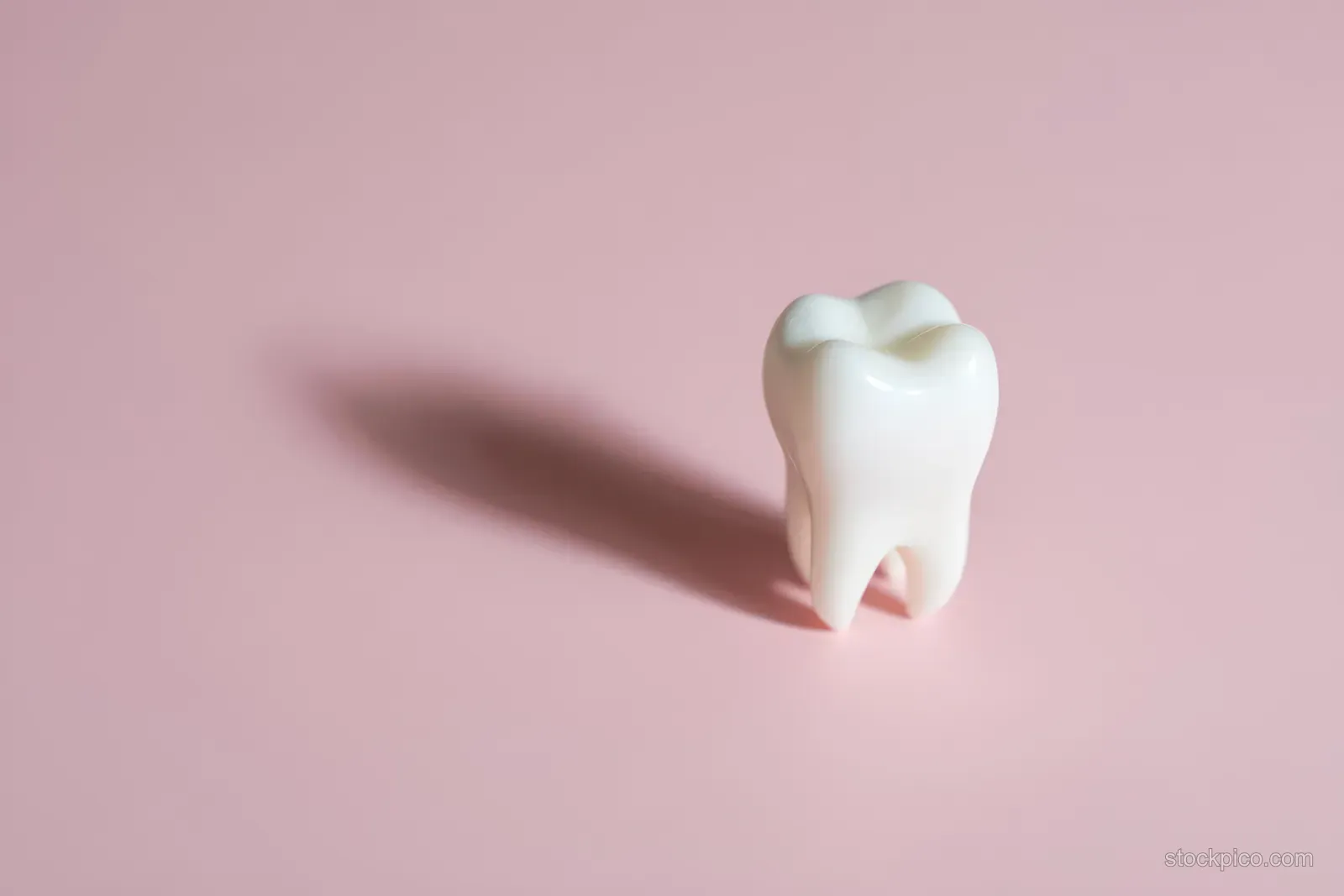 A single white tooth model on a smooth pink background with a soft shadow beside it.
