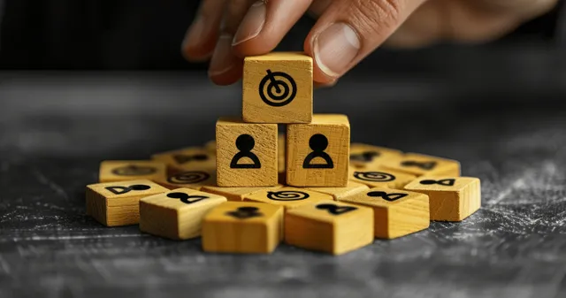 Workforce planning blocks showing talent roles and targets on a wooden grid