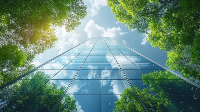 Sunlit glass skyscraper viewed from below, surrounded by dense green trees and leaf canopy reflections.