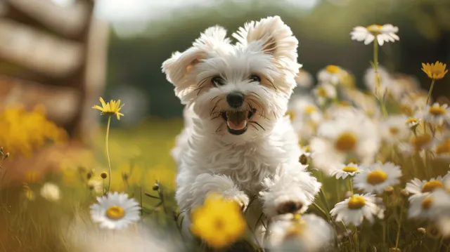 White Maltese puppy running through a sunny daisy meadow, mouth open and joyful