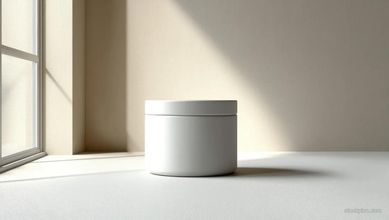 White cylindrical container with a closed lid on a light surface beside a window, lit by soft natural sunlight.