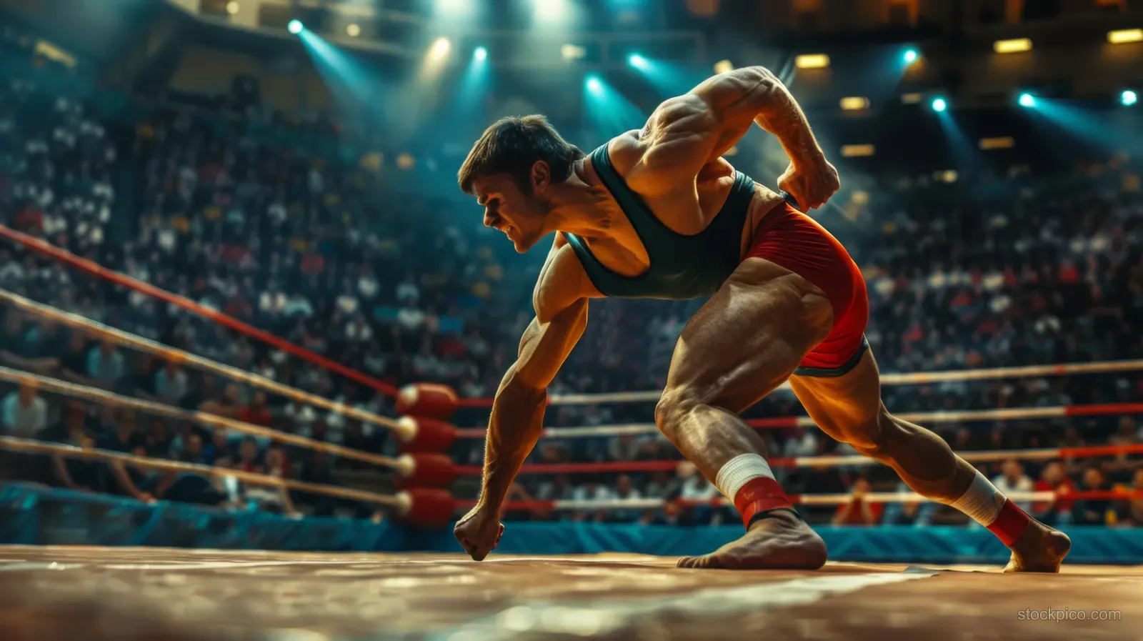 Two Greco-Roman wrestlers grapple on a wrestling mat in a crowded, brightly lit stadium.