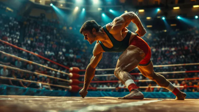 Two Greco-Roman wrestlers grapple on a wrestling mat in a crowded, brightly lit stadium.