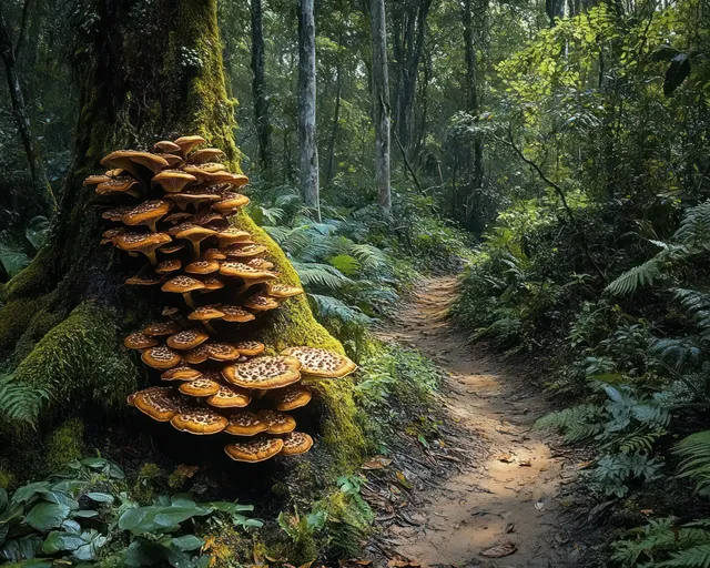 Orange mushrooms sprout from a mossy tree trunk beside a narrow dirt trail in a green forest.