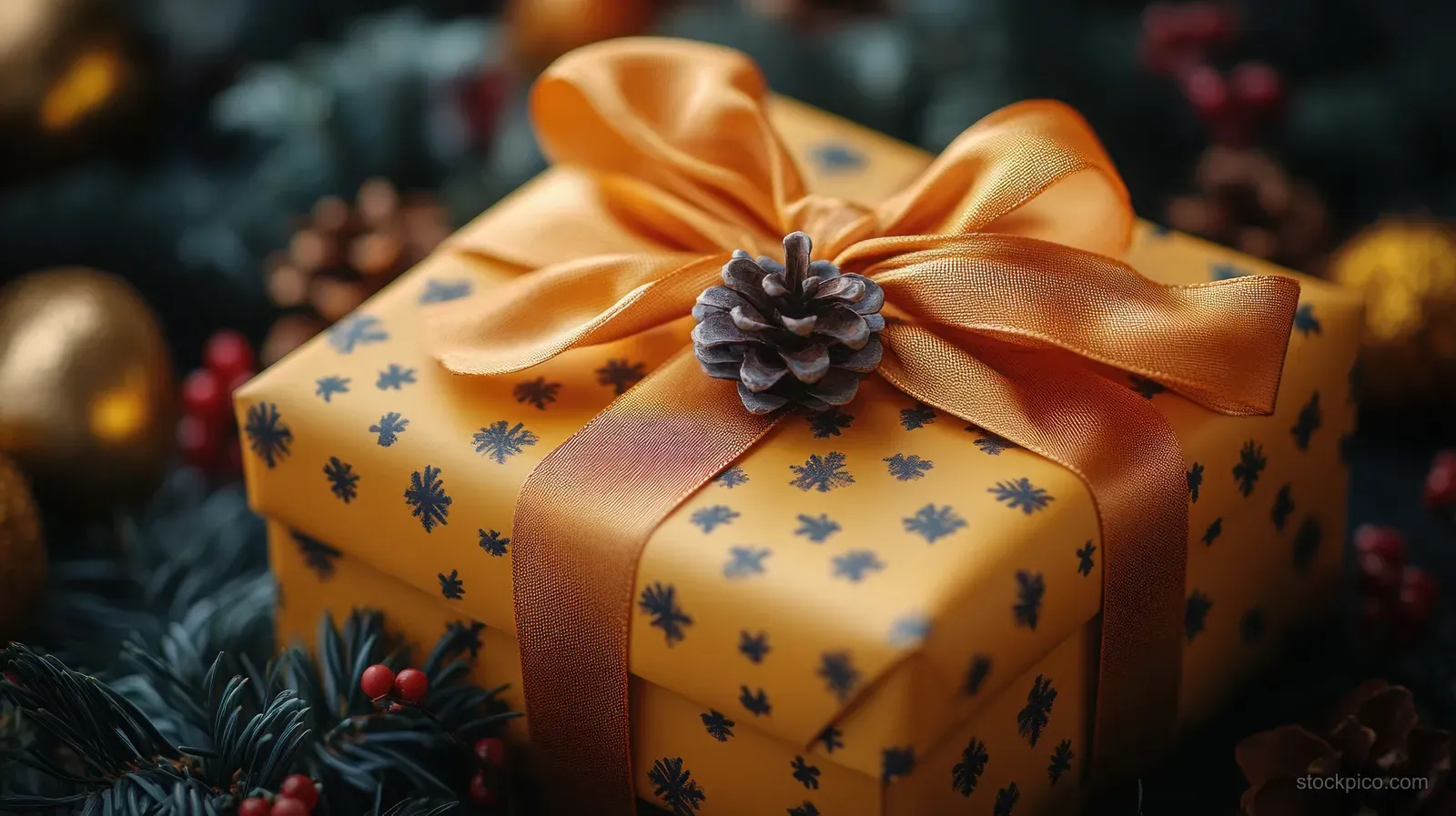 Yellow gift box wrapped with satin ribbon bow on dark festive fabric with blurred holiday lights.