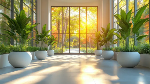 Sunlit minimalist hallway with large windows and several potted green plants in white planters.