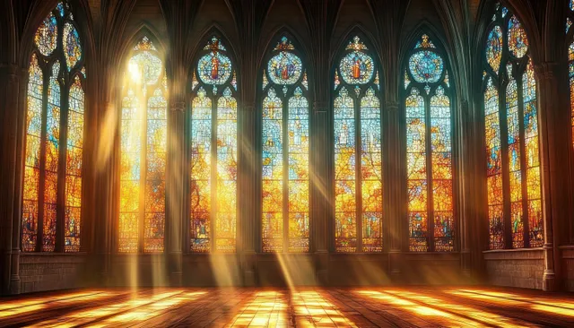 Gothic cathedral interior with stained glass windows and sunlit reflections on the wooden floor.