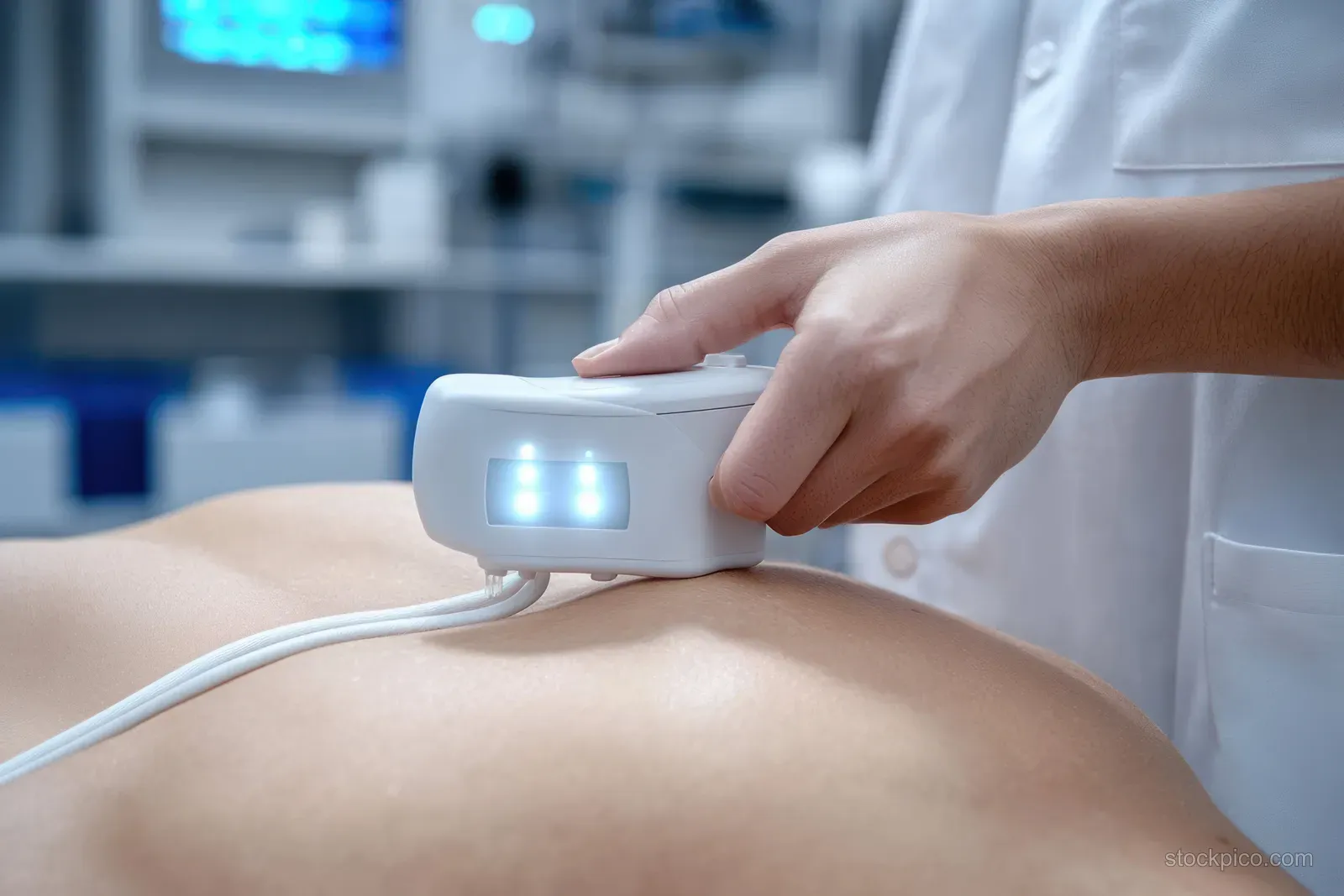 A clinician guides an ultrasound probe on a patient’s abdomen while the monitor shows scan graphics in a clinic.
