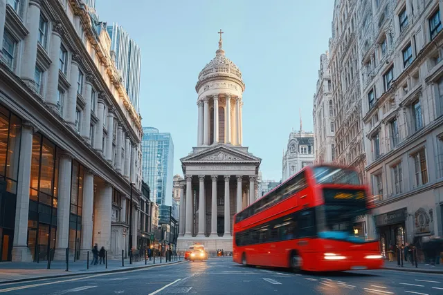 A red double-decker bus speeds down a city street under a clear sky beside a classical cathedral tower.