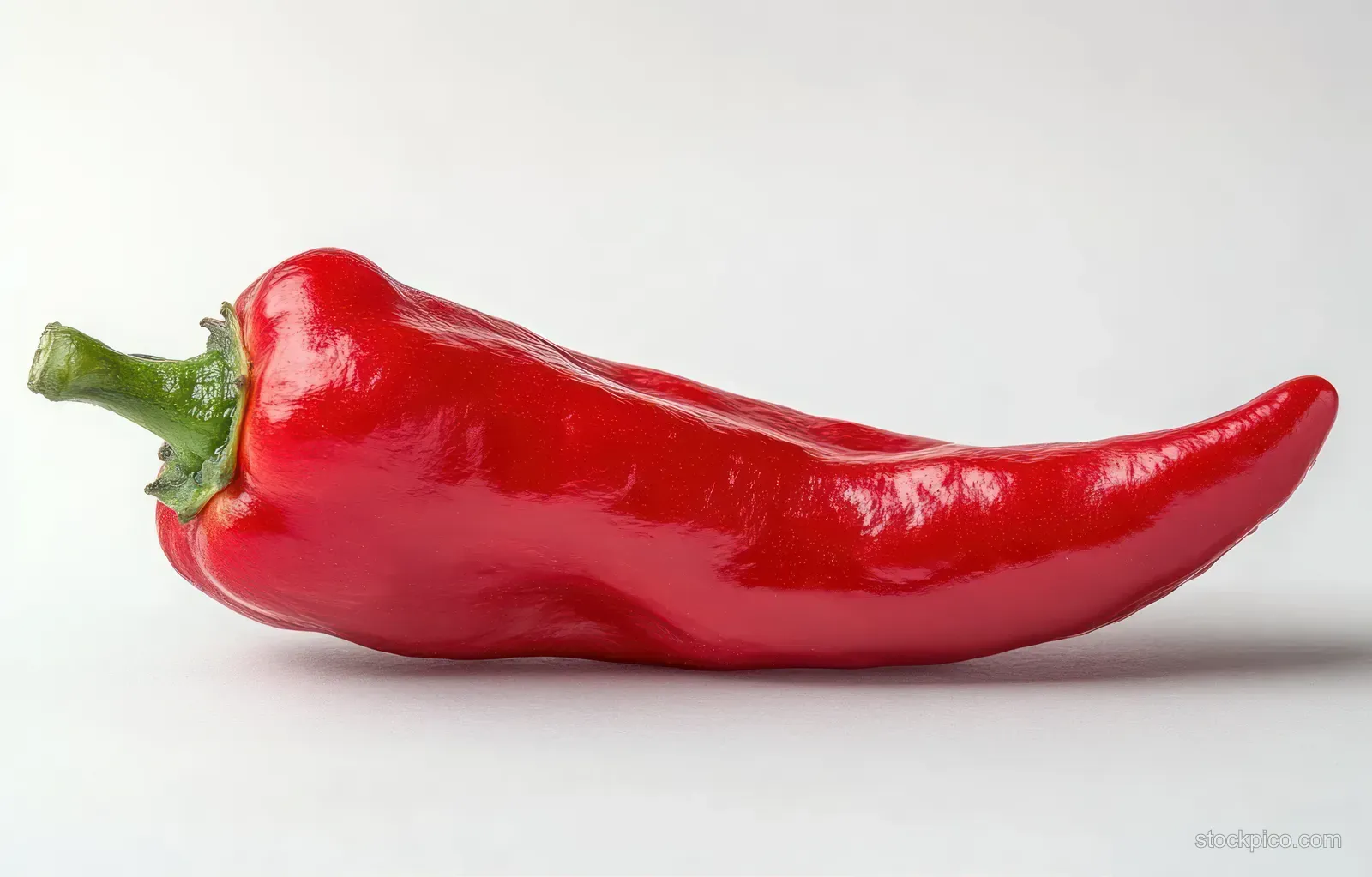 A single glossy red chili pepper with a green stem lies on a clean white surface.