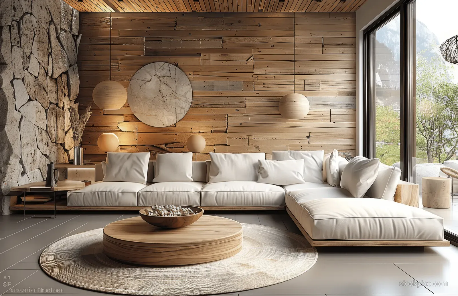 White sectional sofa sits in a minimalist living room with wooden plank walls, stone accent, and a round wooden coffee table.