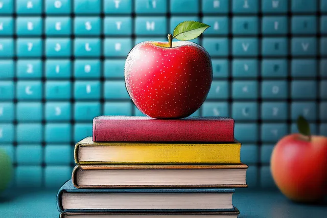 An apple on top of stacked books before a teal pixel grid chalkboard background.