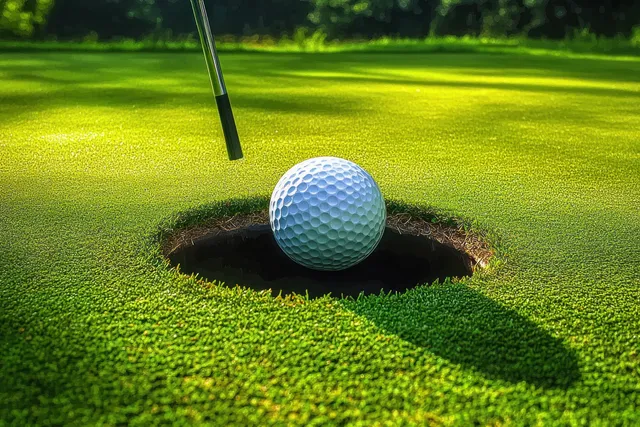 Close-up golf ball on the hole edge as a putter approaches in warm sunlight