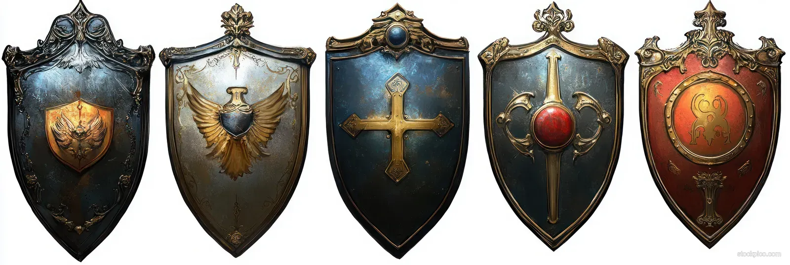 Five medieval shields arranged side by side, each with ornate gold emblems, crosses or wings, and gem details on metallic backgrounds.