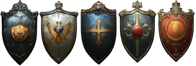 Five medieval shields arranged side by side, each with ornate gold emblems, crosses or wings, and gem details on metallic backgrounds.