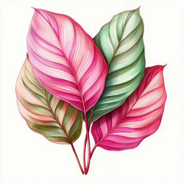Four colorful botanical leaves arranged on white background, showing crisp veined detail