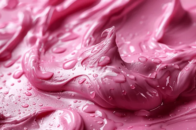 Pink cosmetic clay and cream texture swirls with tiny water droplets close-up background