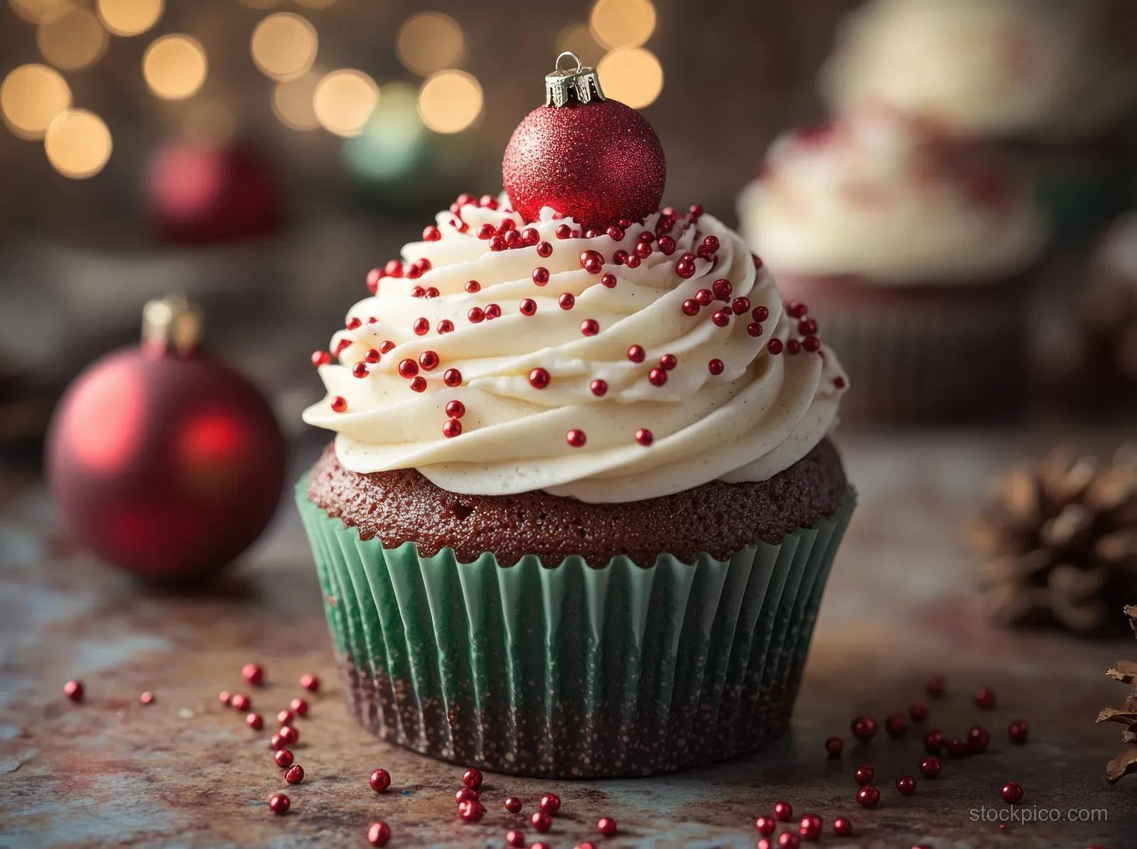 Frosted Christmas New Year cupcake with red green sprinkles and a small ornament topper under warm lights.