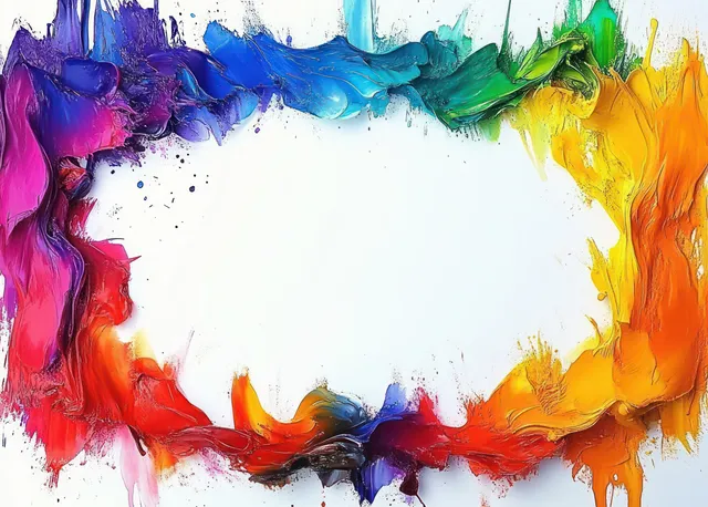 Vibrant abstract paint strokes forming an oval frame around a blank white center