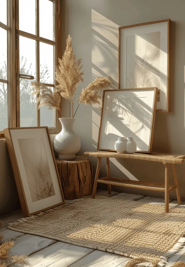 Scandinavian room interior with leaning wooden frames, stool, and vases by window light