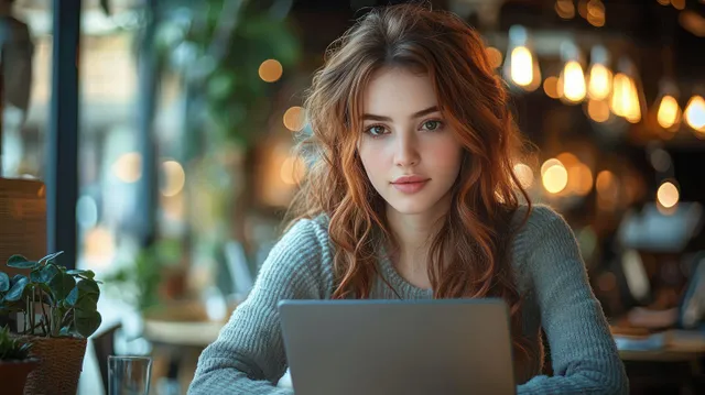 Young red-haired woman focuses on a laptop at a cozy indoor table with plants and warm bokeh lights behind.