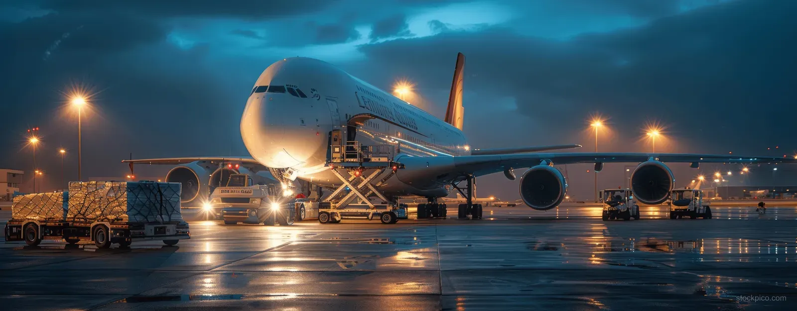 Cargo airplane with containers and crew working on the apron during blue hour lighting at an airport.