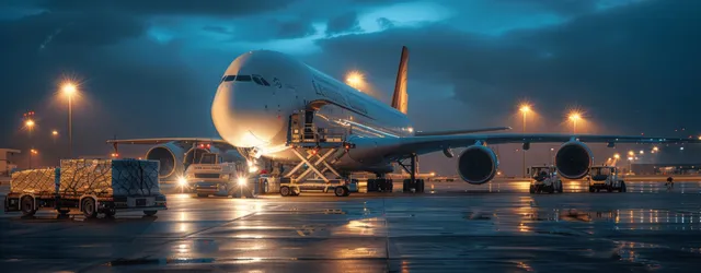 Cargo airplane with containers and crew working on the apron during blue hour lighting at an airport.