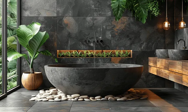 Round dark stone bathtub sits in a modern bathroom with black tiles, wooden storage, and green plants by the window.