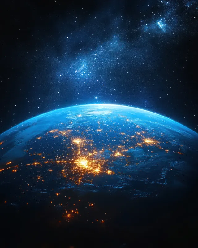 Curved Earth at night from space with glowing city lights along continents and bright stars overhead.