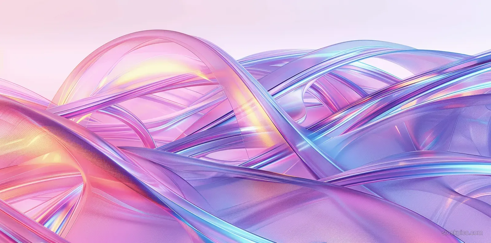 Holographic pastel ribbons curve across a white abstract background.