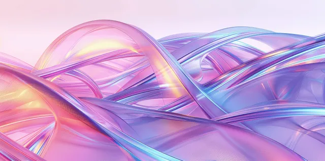 Holographic pastel curved ribbons on white abstract technology background