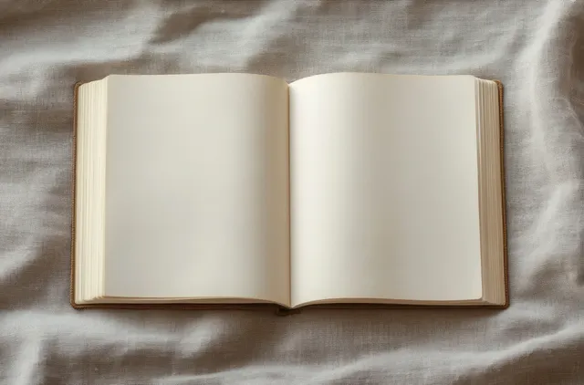 An open blank book with empty pages rests on textured linen under soft natural light.
