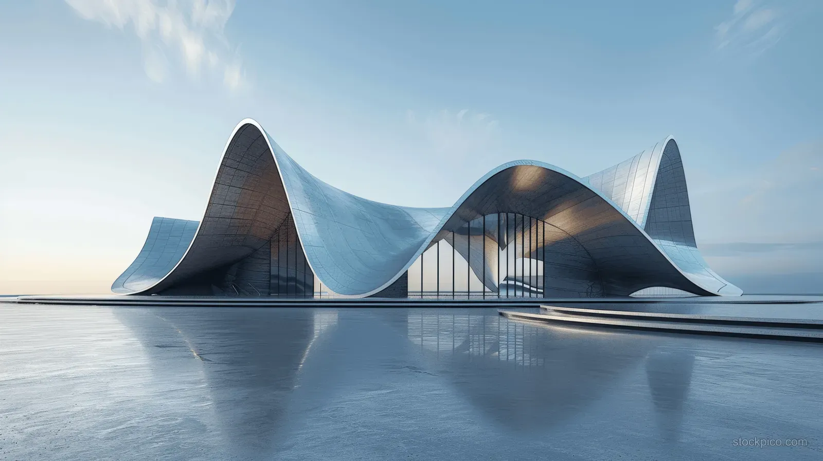 Futuristic concert hall exterior with a silver wave roof beside a calm harbour and concrete walkway.