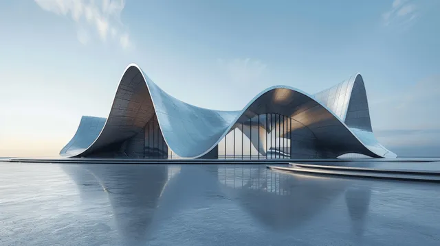 Futuristic concert hall exterior with a silver wave roof beside a calm harbour and concrete walkway.