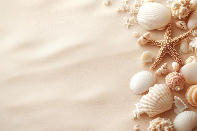Seashells and starfish arranged on sandy beach background with warm natural light
