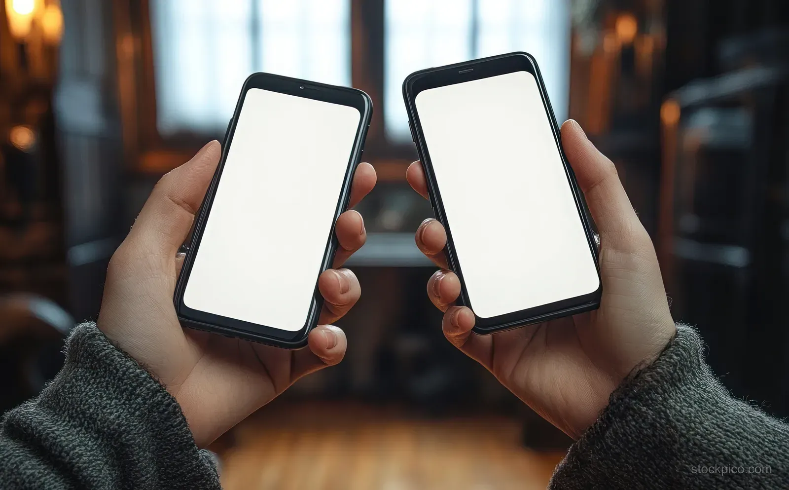 Two hands hold smartphones with blank white screens in a warm indoor setting with a blurred background.