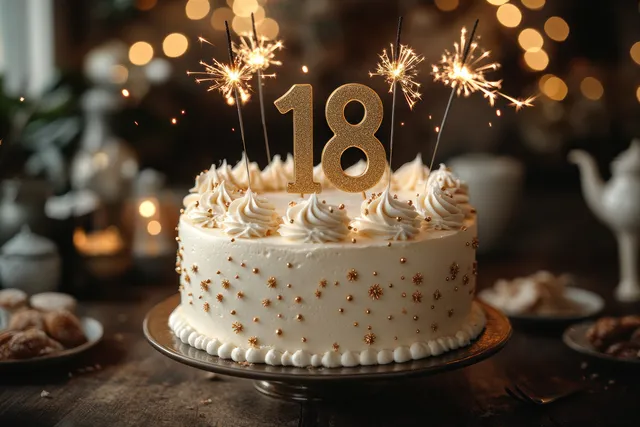 18th birthday cake topped with sparklers, gold number topper, and festive bokeh lights with Close Up Food Styling