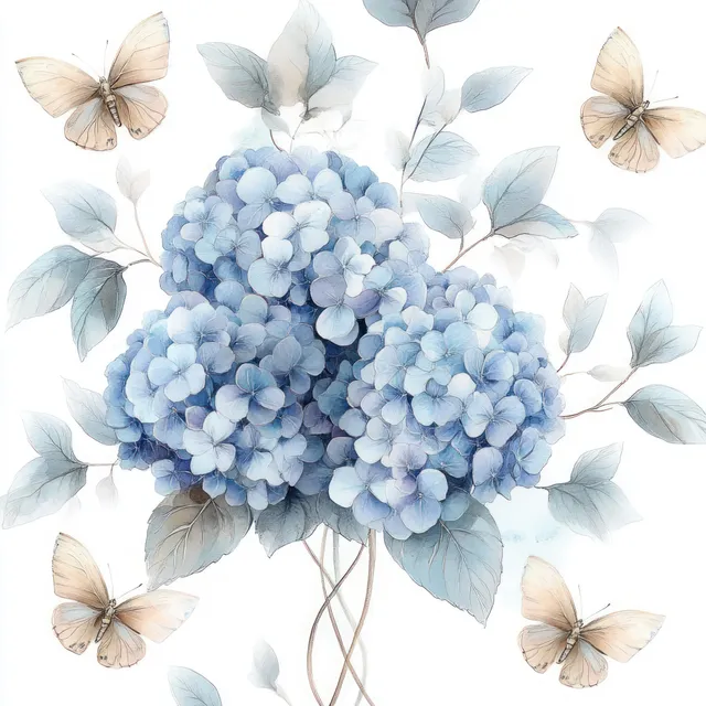 Watercolor blue hydrangea cluster with surrounding butterflies and soft leaf shapes on a white background.