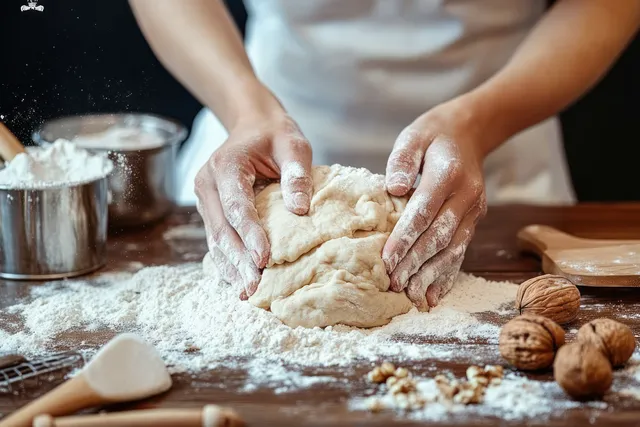 Hands knead flour dough on a wooden board while walnuts and flour-filled metal measuring cups sit nearby.