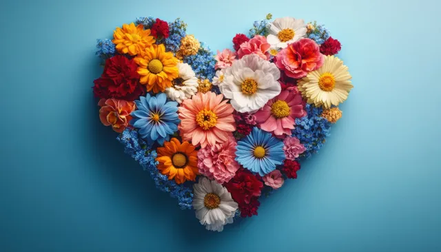 Colorful heart-shaped flower arrangement centered on a smooth blue background.