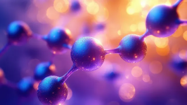 Interconnected glowing blue and purple molecular spheres float against a blurred warm golden background.
