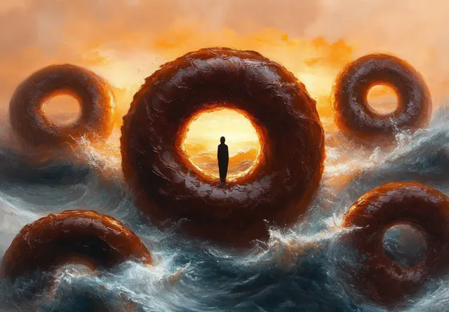 Silhouette stands inside giant chocolate donut rings on stormy ocean at glowing sunset