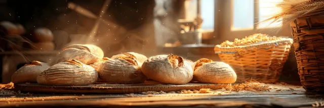 Fresh flatbreads baking on a wooden table, warm oven glow and flour dust