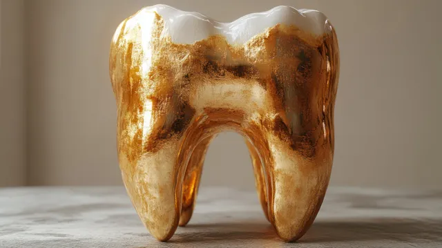 A golden tooth sculpture on a neutral surface with metallic highlights, subtle stains, and soft shadow.